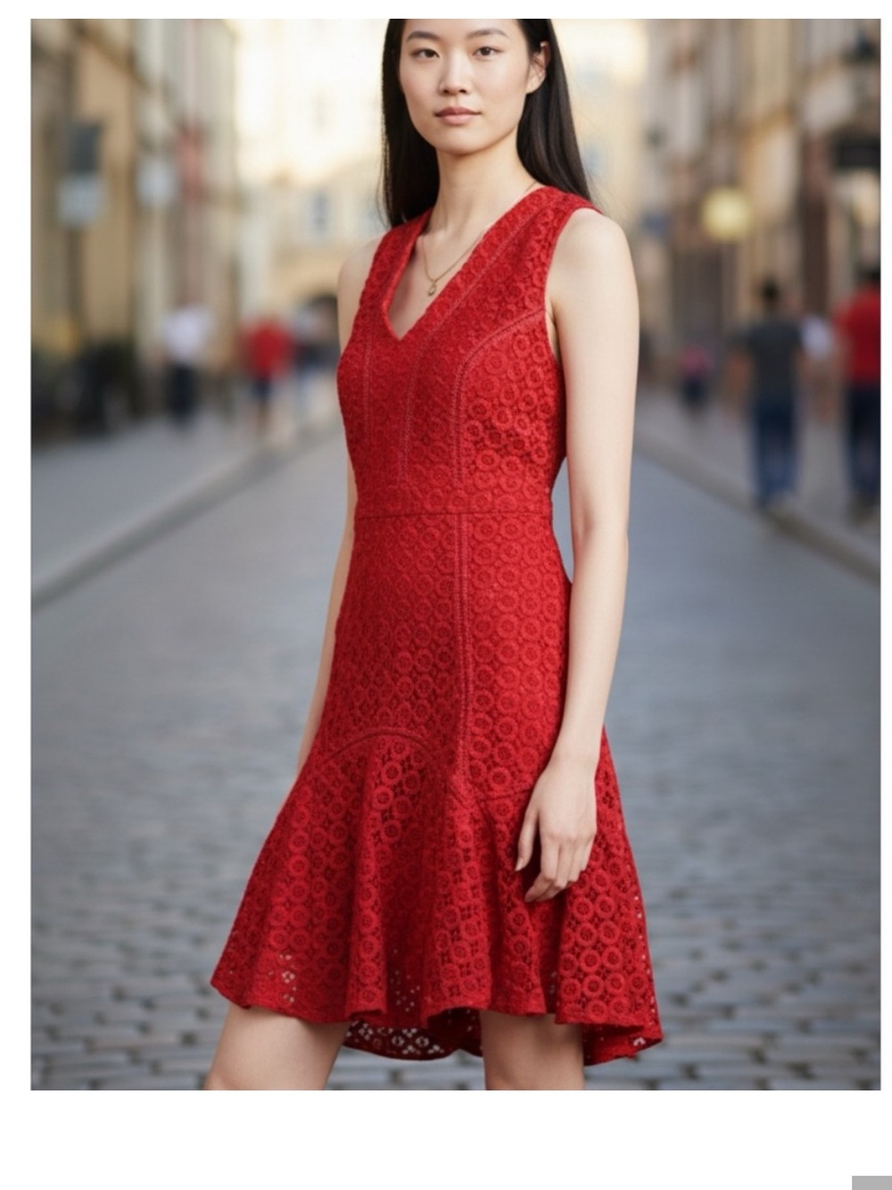 Anthropologie Red Lace Sleeveless V-Neck Mini Dress